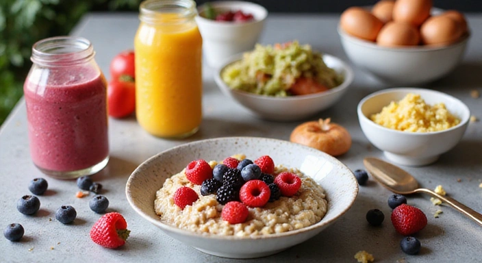 Stůl plný barevných a zdravých snídaní, jako jsou ovesné kaše s ovocem, smoothie bowls a čerstvé džusy.