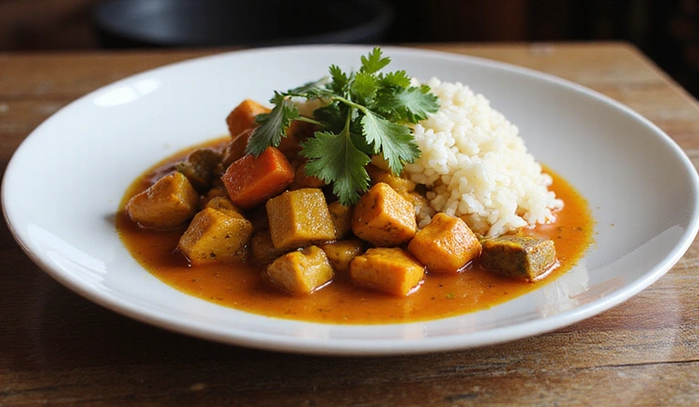 Talíř s bohatým zeleninovým kari podávaným s rýží a čerstvým koriandrem, v útulném prostředí.