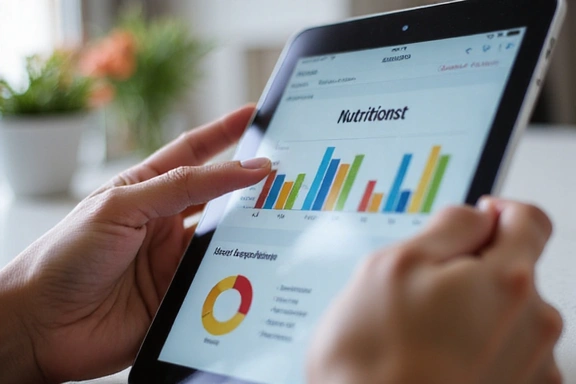 Detailní záběr rukou nutričního specialisty, který ukazuje nutriční data na tabletu.