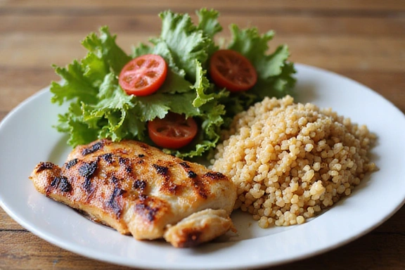 Talíř plný zdravého a barevného jídla, jako jsou salát, grilované kuře a quinoa.